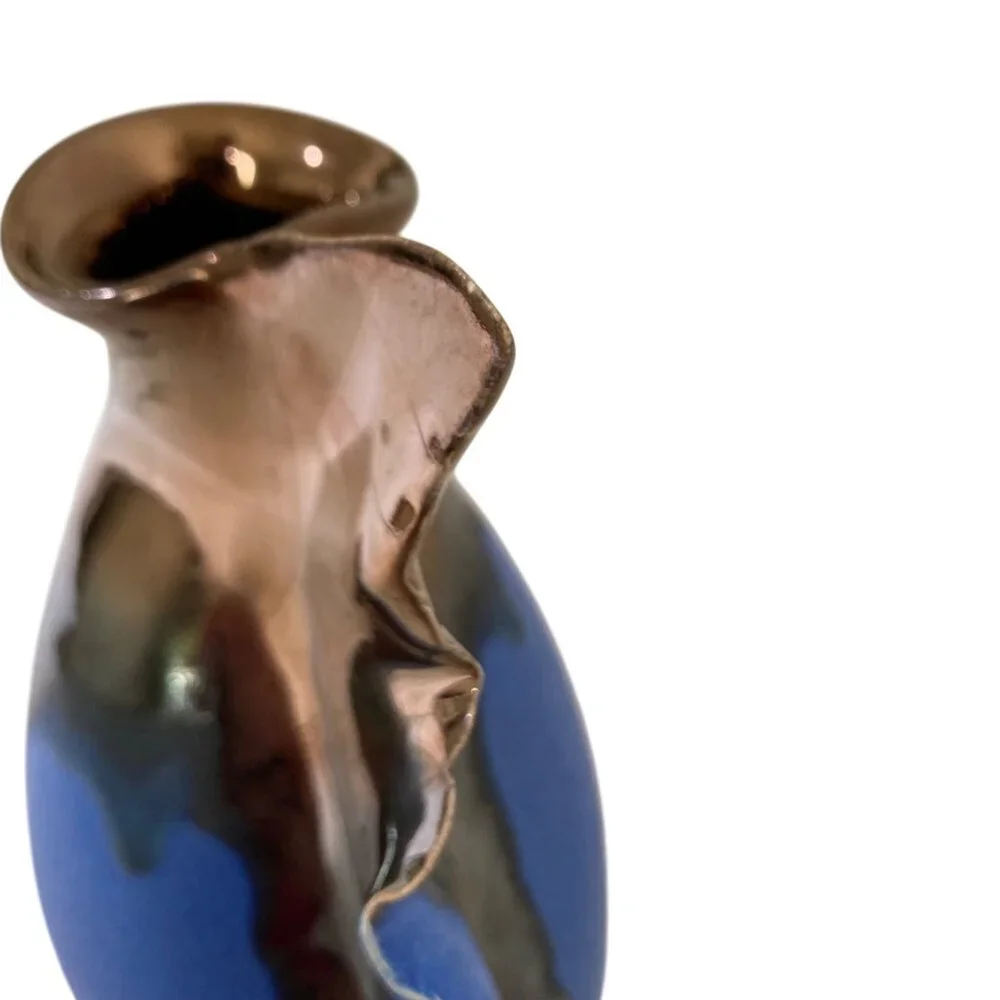 Retsis Bros Pottery Greek Hellas Metallic Golden Bronze And Blue Vase
